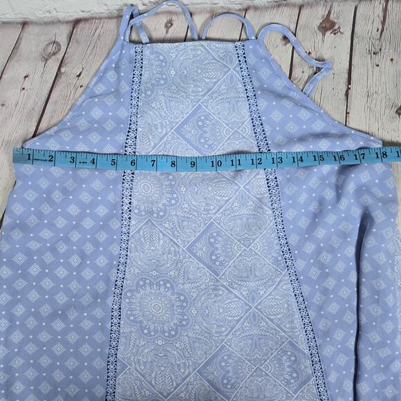 Francesca's Blue Rain Tank Cross Back Light Blue Patterned Swing Dress L - Picture 6 of 7